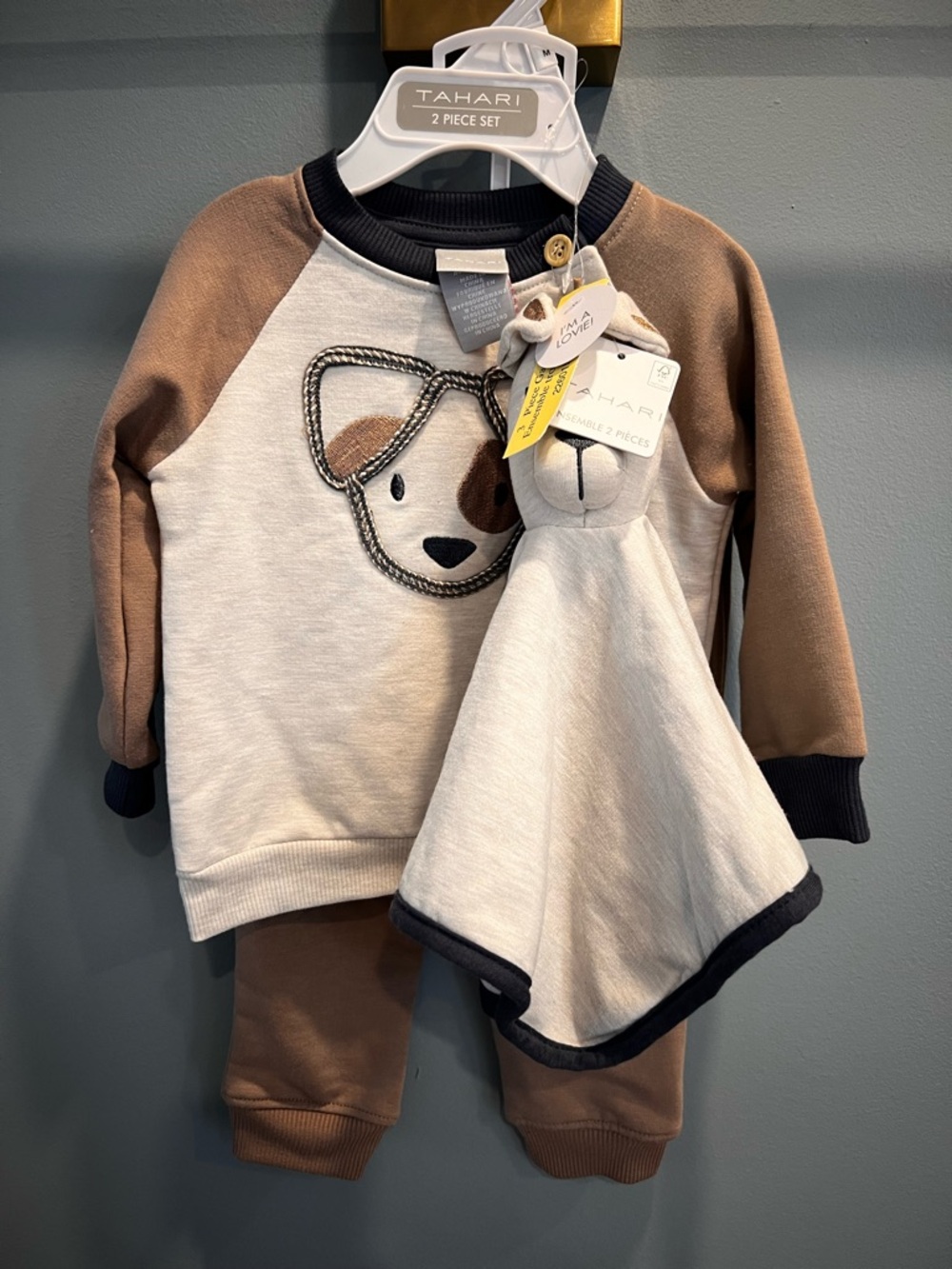 Tahari Brown & Cream Bear Sweatshirt Set with Lovey